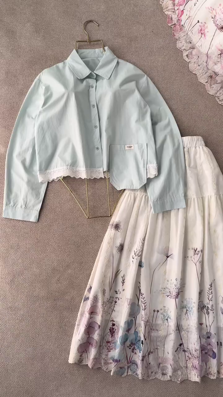 🌸 Blush Bloom Lace-Trim Co-Ord Set – Romantic Shirt & Floral Skirt Collection (XXS–XXL) ✨