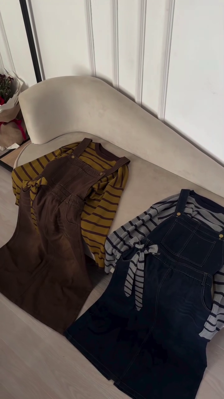 🍁 Vintage Stripe Dungaree Dress Set – Cozy Layered Overall Collection (XXS–XXL) ✨