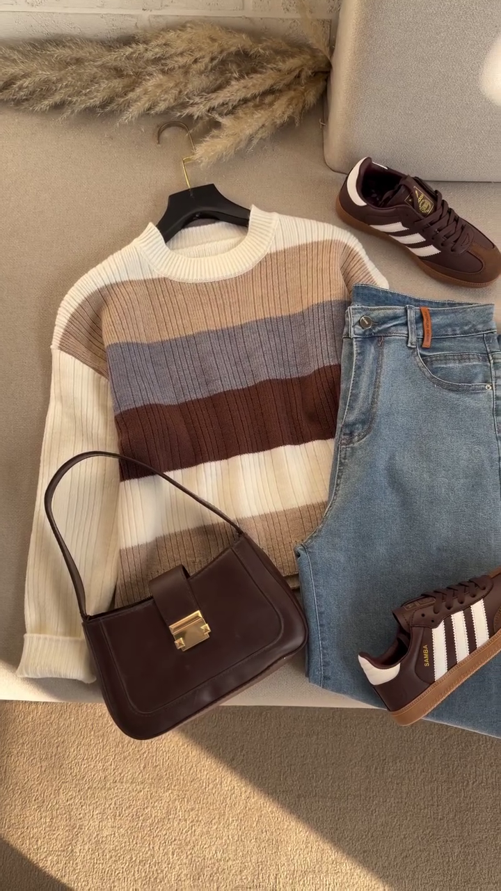🤎 Mocha Stripe Cozy Knit Sweater – Classic Autumn Essential (XXS–XXL) 🍂✨