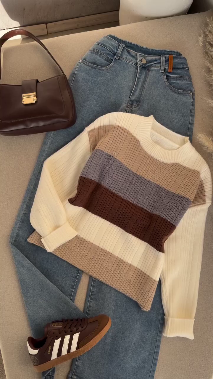 🤎 Mocha Stripe Cozy Knit Sweater – Classic Autumn Essential (XXS–XXL) 🍂✨