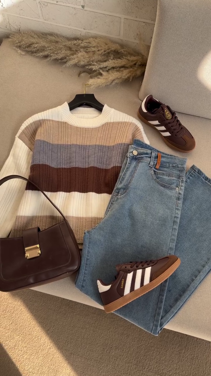 🤎 Mocha Stripe Cozy Knit Sweater – Classic Autumn Essential (XXS–XXL) 🍂✨