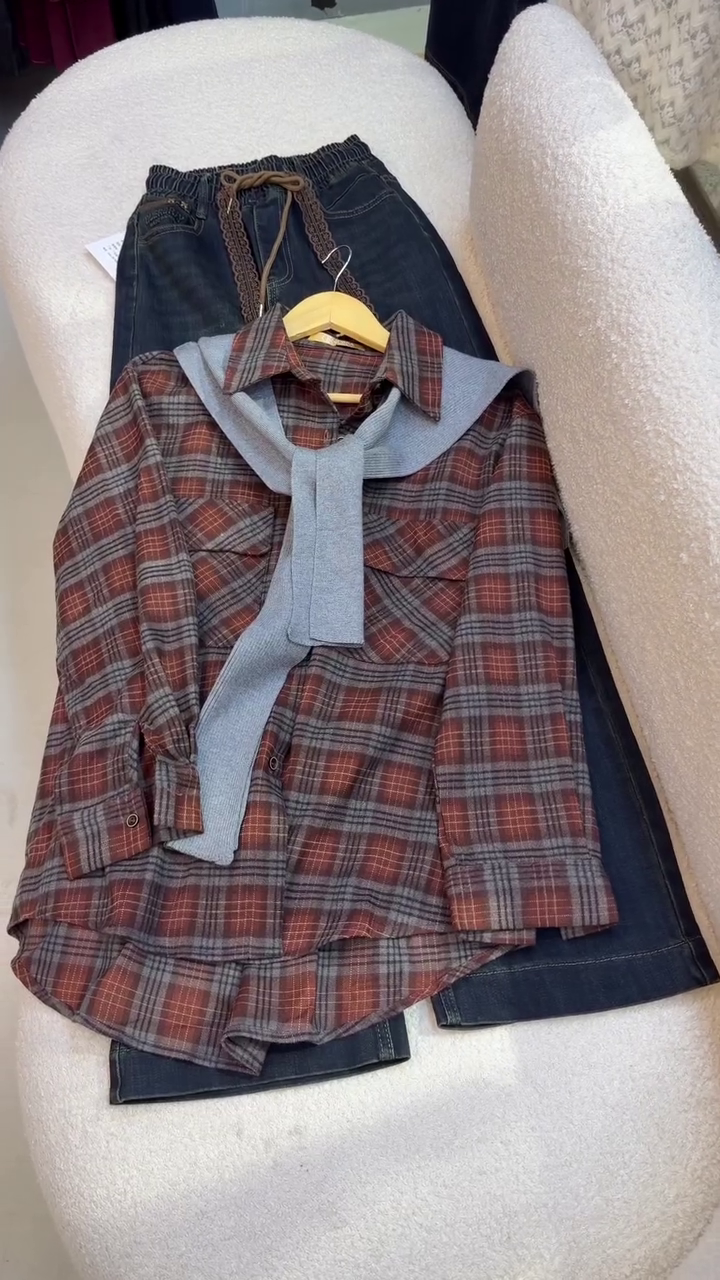 🤎 Rustic Plaid Shirt & Drawstring Wide-Leg Denim Set – Cozy Smart Casual Co-Ord (XXS–XXL) ✨