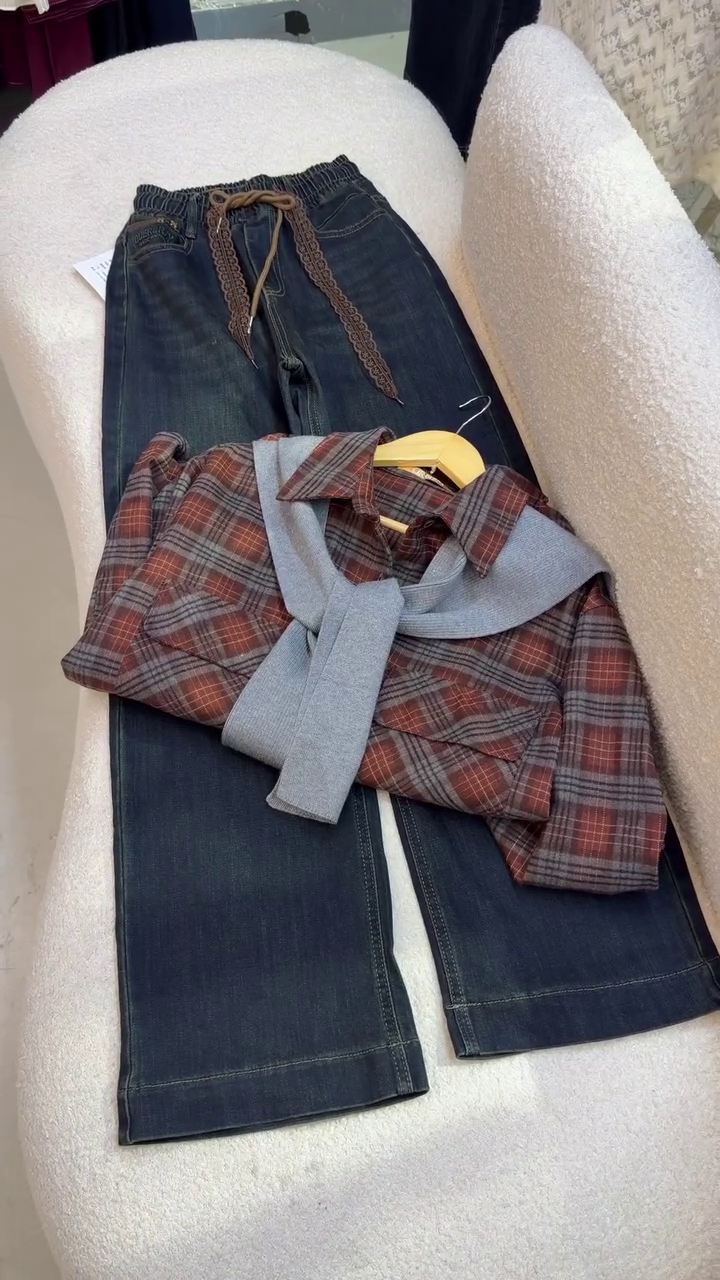 🤎 Rustic Plaid Shirt & Drawstring Wide-Leg Denim Set – Cozy Smart Casual Co-Ord (XXS–XXL) ✨