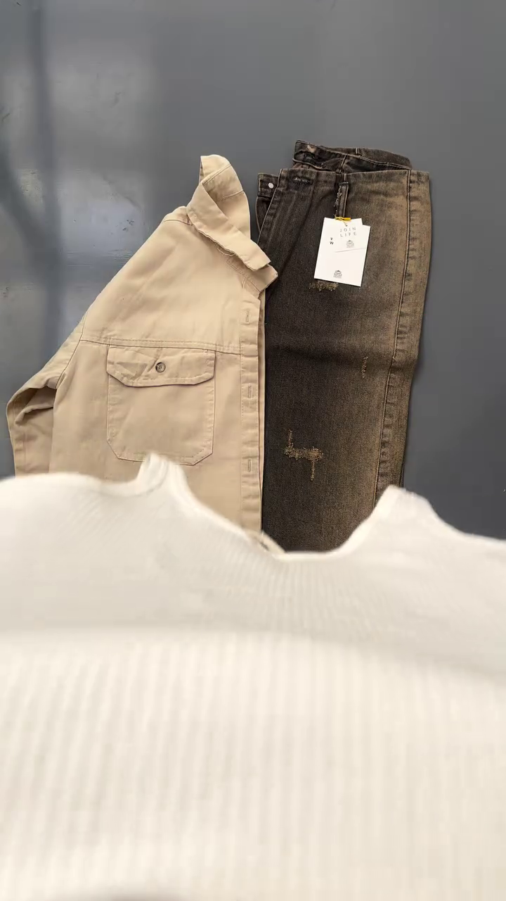 🤎 Modern Neutral Layered Set – Beige Utility Shirt & Washed Wide-Leg Denim (XXS–XXL) ✨