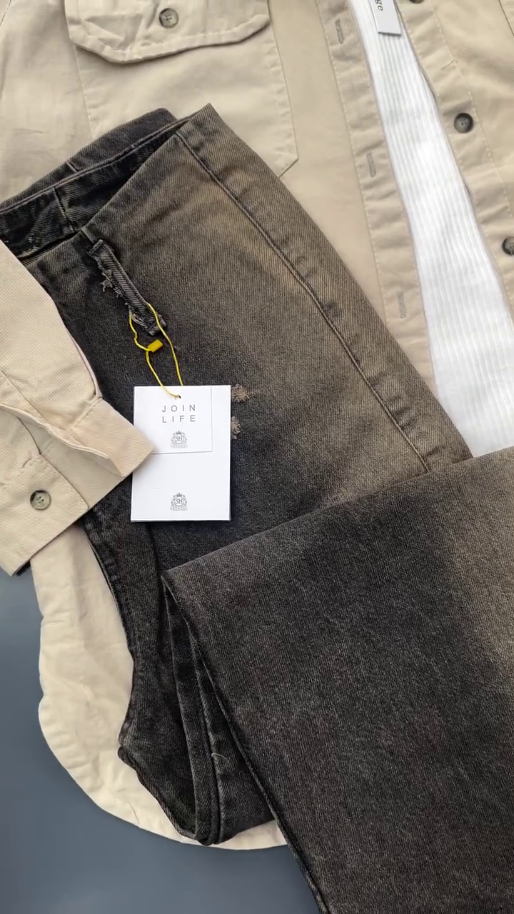 🤎 Modern Neutral Layered Set – Beige Utility Shirt & Washed Wide-Leg Denim (XXS–XXL) ✨