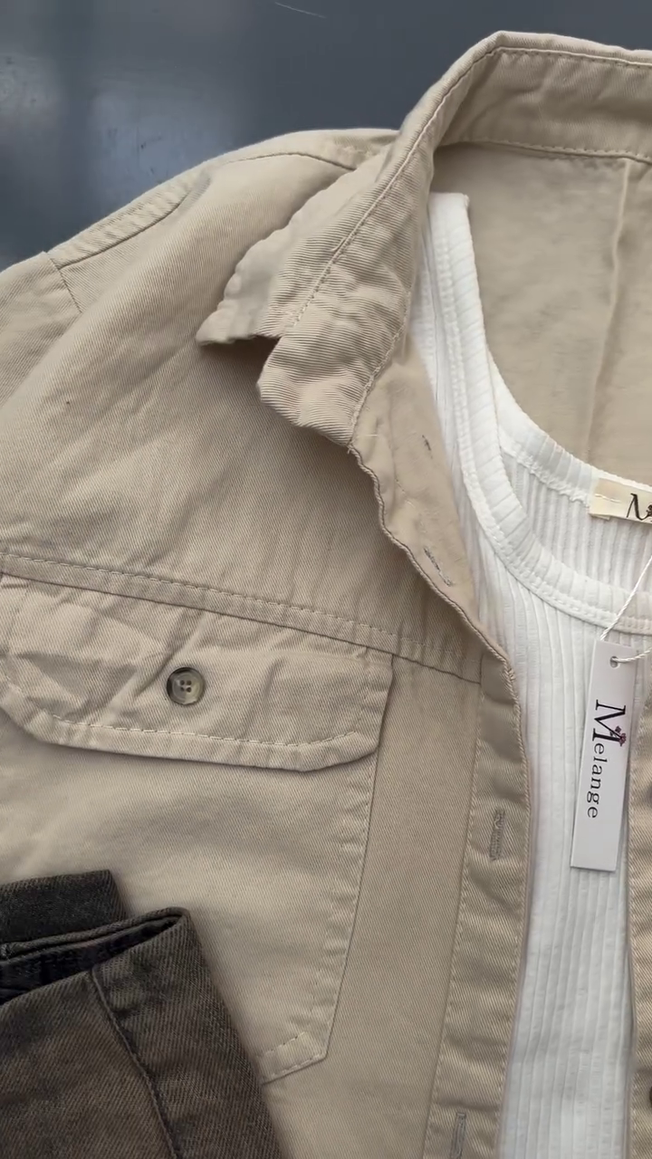 🤎 Modern Neutral Layered Set – Beige Utility Shirt & Washed Wide-Leg Denim (XXS–XXL) ✨