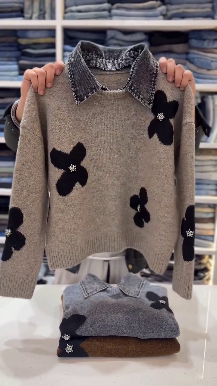 🌸 Elegant Floral Knit Sweater with Denim Collar – Chic Layered Look (XXS–XXL) ✨
