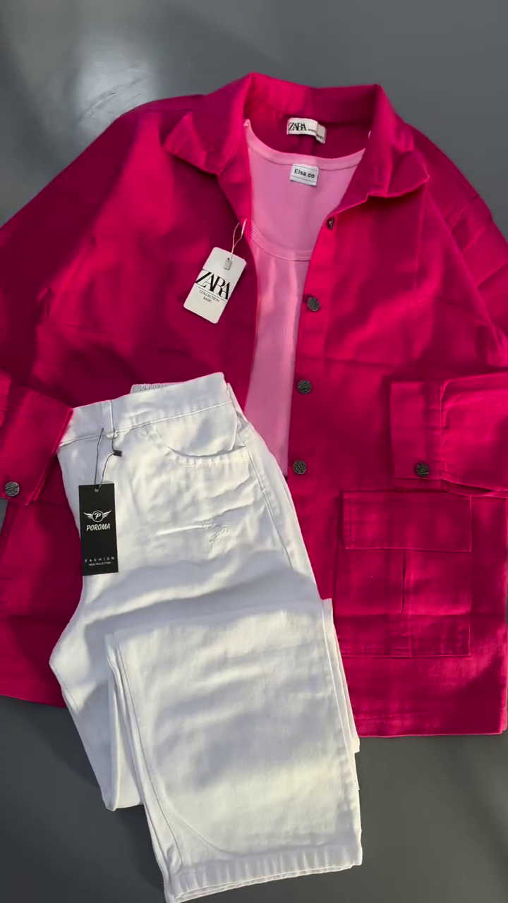 💖 Bold Fuchsia Overshirt & White Pants Set – Statement Chic Co-Ord (XXS–XXL) ✨