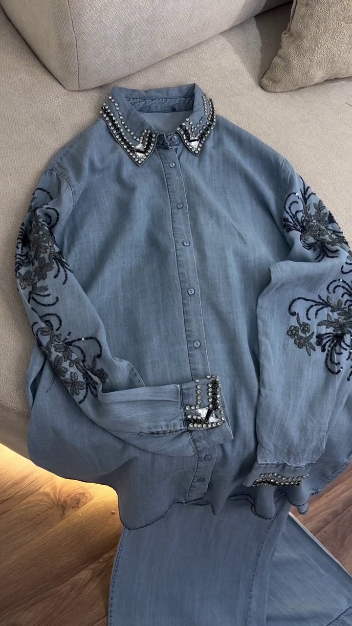 💎 Luxe Embellished Denim Shirt & Skirt Set – Glam Statement Co-Ord (XXS–XXL) ✨