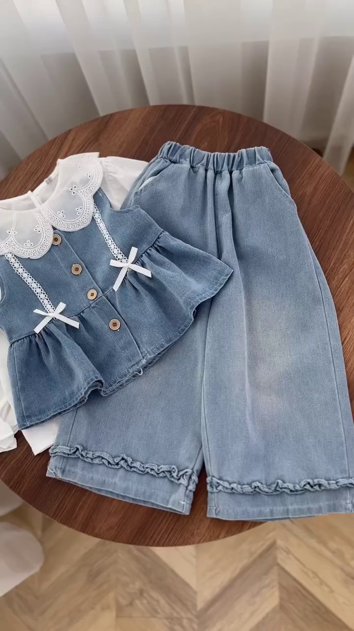 💙 Sweet Denim Lace Three-Piece Outfit Set – Elegant Casual Kids Fashion ✨👗