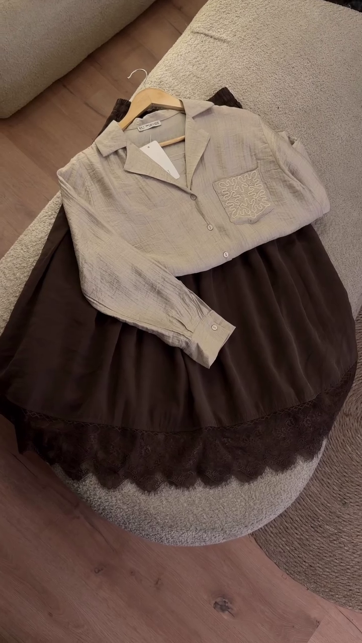 🤎 Elegant Harmony Shirt & Lace Skirt Co-Ord Set – Chic Classic Edition
