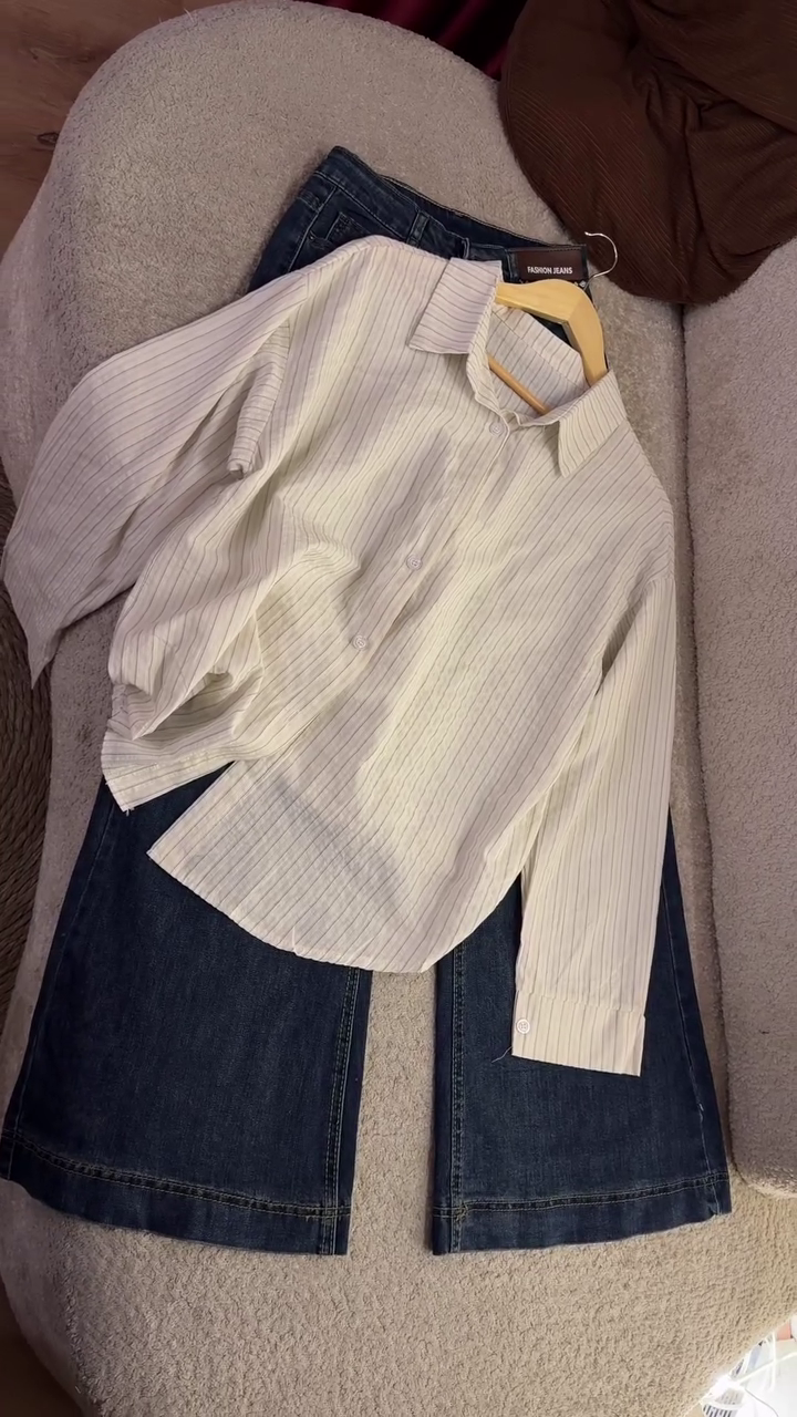 🤍 Classic Charm Striped Shirt & Denim Skirt Set – Everyday Chic Collection