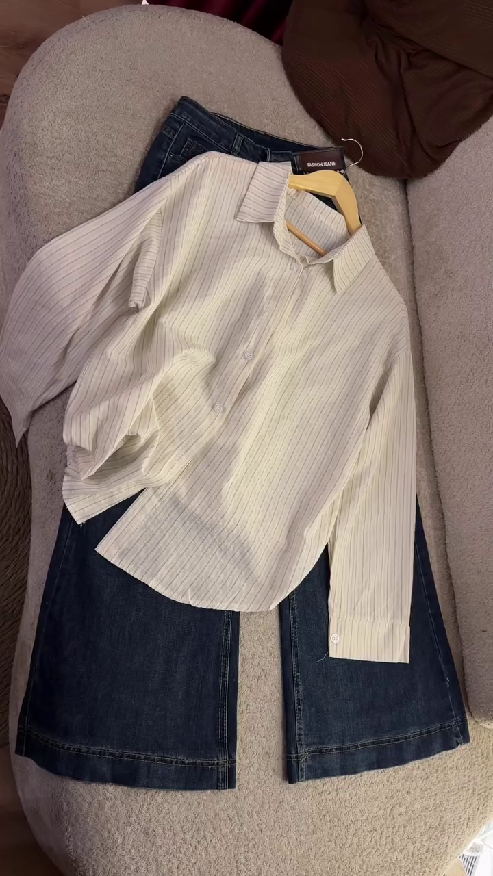 🤍 Classic Charm Striped Shirt & Denim Skirt Set – Everyday Chic Collection