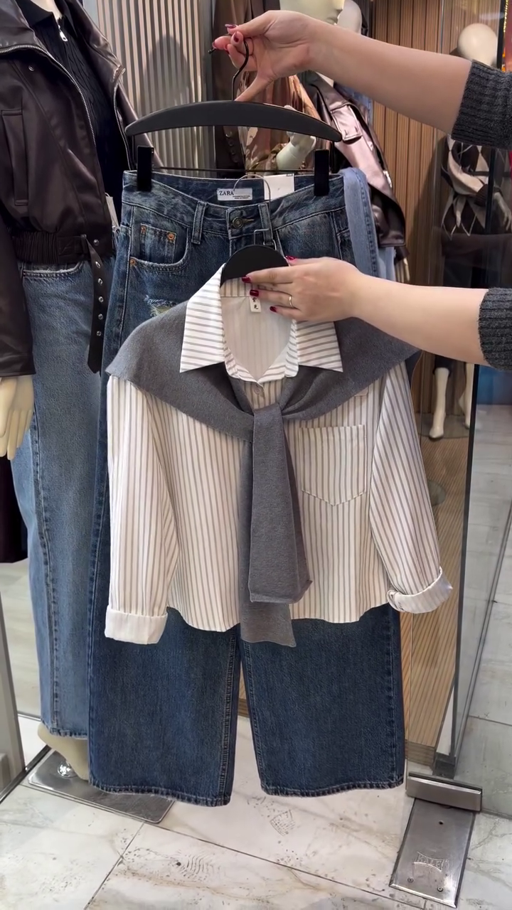 👔 Preppy Chic Striped Shirt & Denim Skirt Set – Modern Campus Style