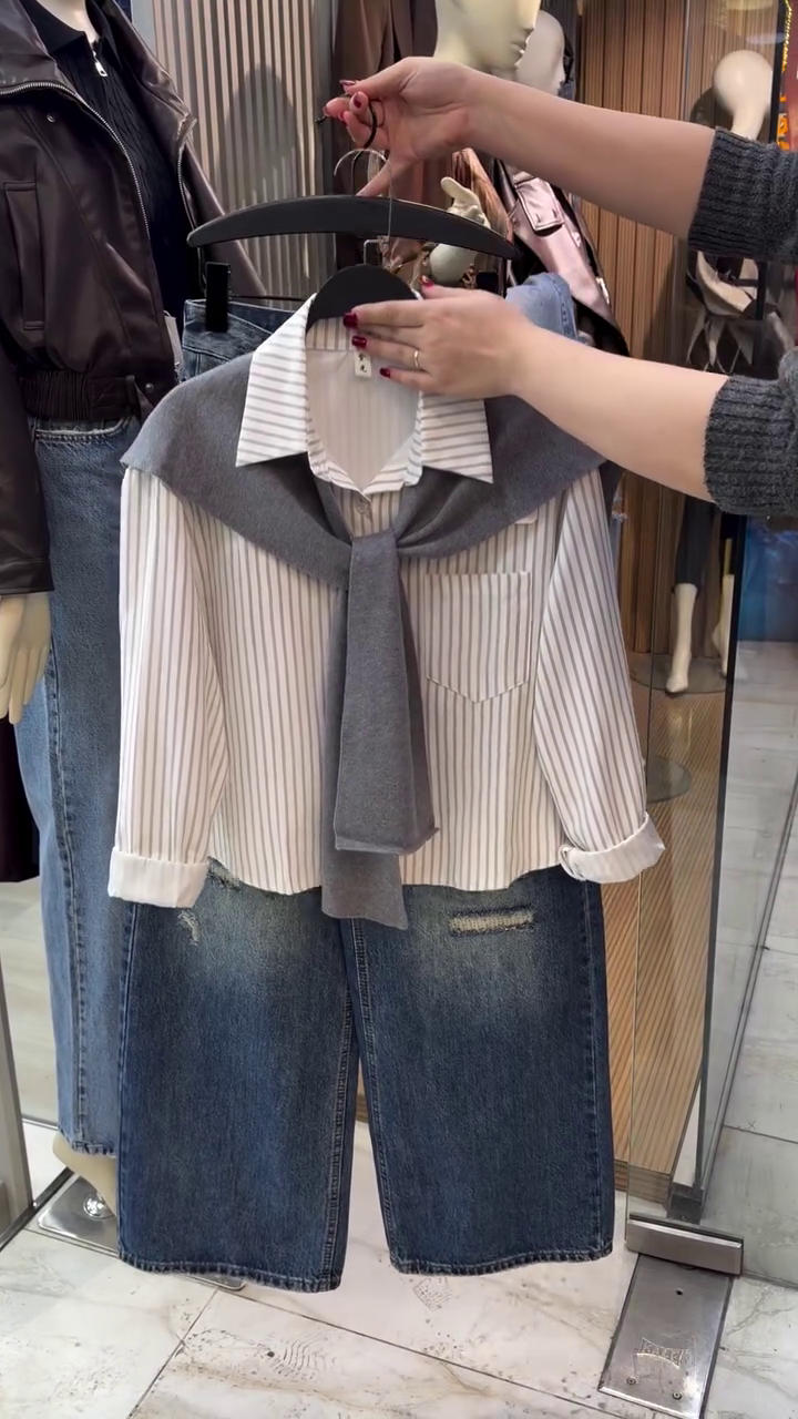 👔 Preppy Chic Striped Shirt & Denim Skirt Set – Modern Campus Style