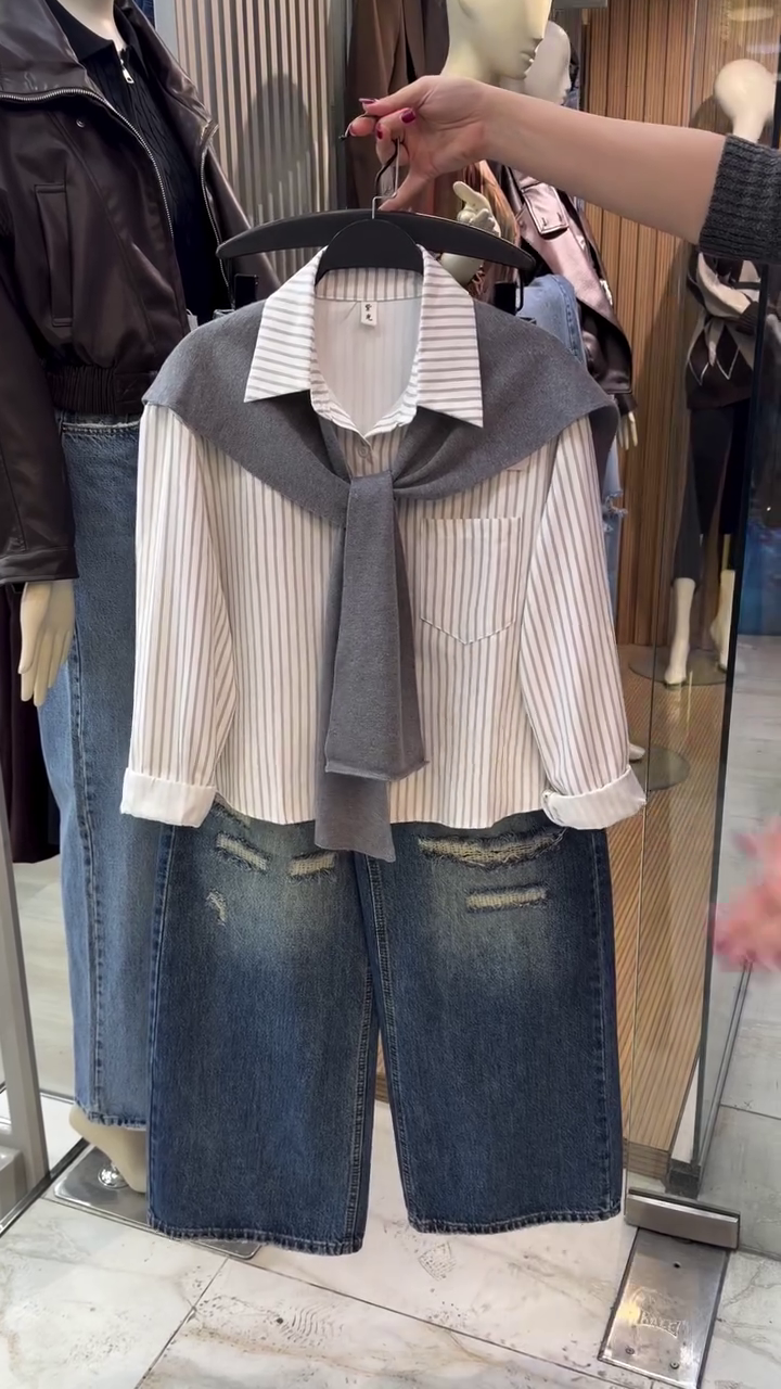 👔 Preppy Chic Striped Shirt & Denim Skirt Set – Modern Campus Style