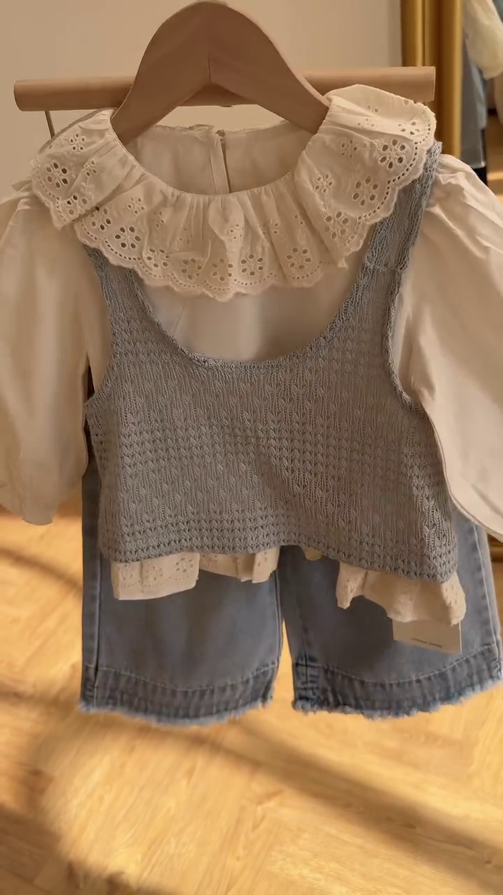 🌼 Vintage Bloom Lace Collar Top & Denim Layer Dress – Cottagecore Chic Set