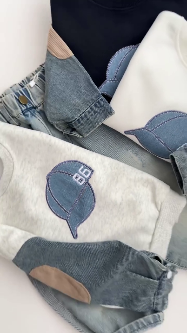 🧢 Little Explorer Denim & Sweatshirt Set – Trendy Kids Casual Collection