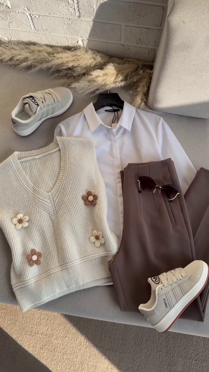 🌸 Bloom Chic Knit Vest & Classic Shirt Set – Elegant Everyday Collection