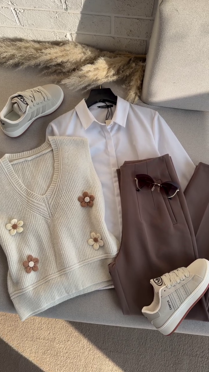 🌸 Bloom Chic Knit Vest & Classic Shirt Set – Elegant Everyday Collection