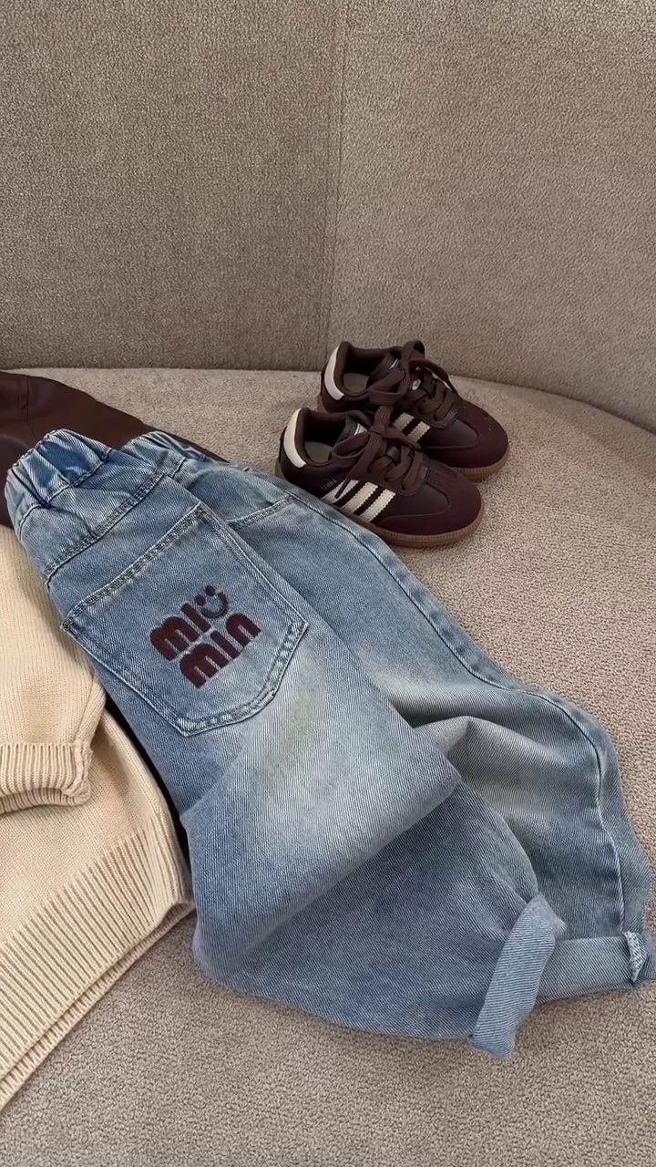 🧸 Urban Mini Explorer Kids Outfit Set – Knit Sweater, Leather Jacket & Denim Jeans