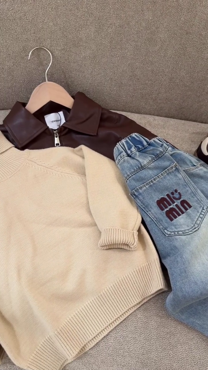 🧸 Urban Mini Explorer Kids Outfit Set – Knit Sweater, Leather Jacket & Denim Jeans