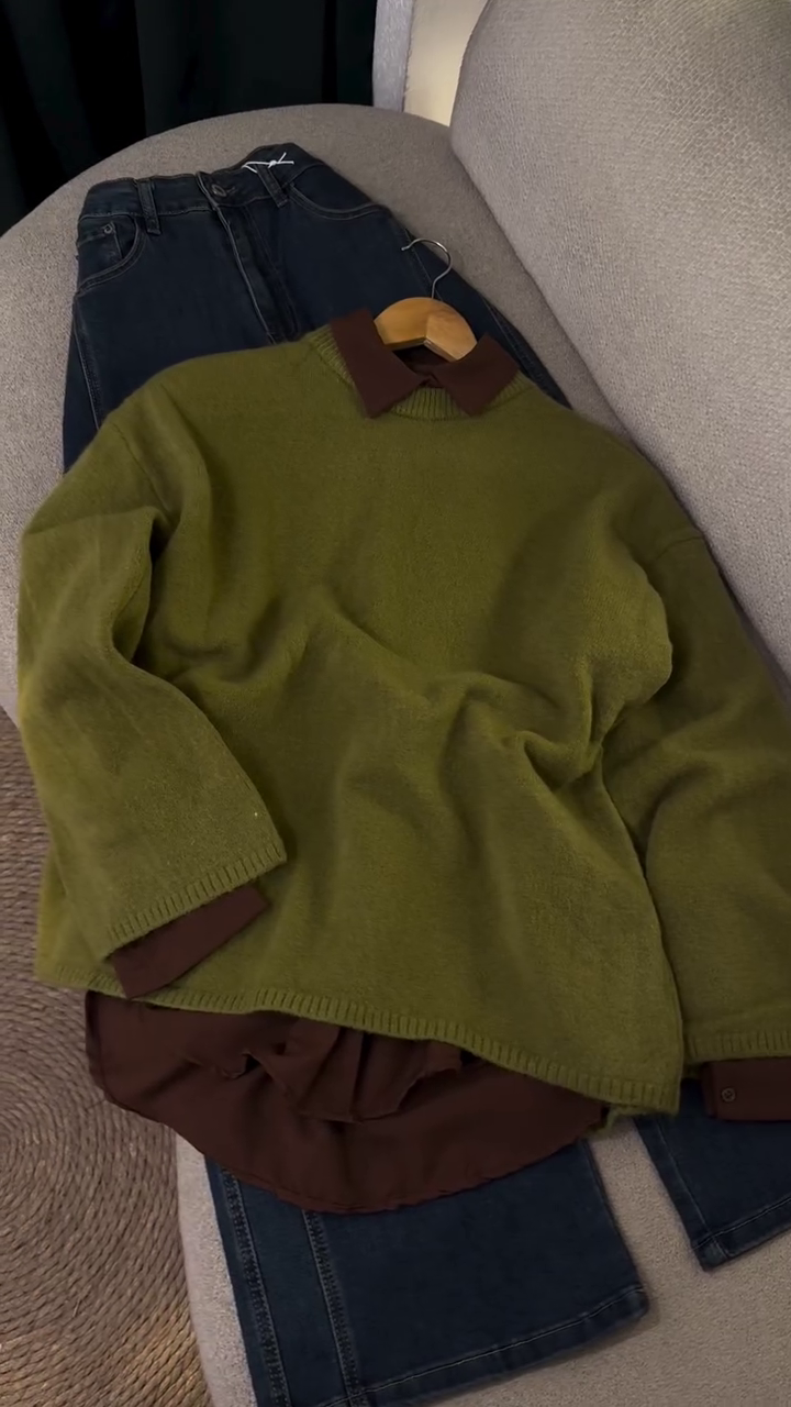 🍃 Autumn Olive Layered Knit Outfit Set – Cozy Classic Collection