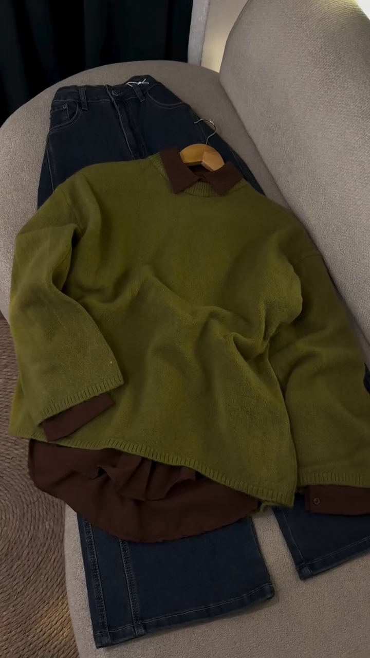 🍃 Autumn Olive Layered Knit Outfit Set – Cozy Classic Collection