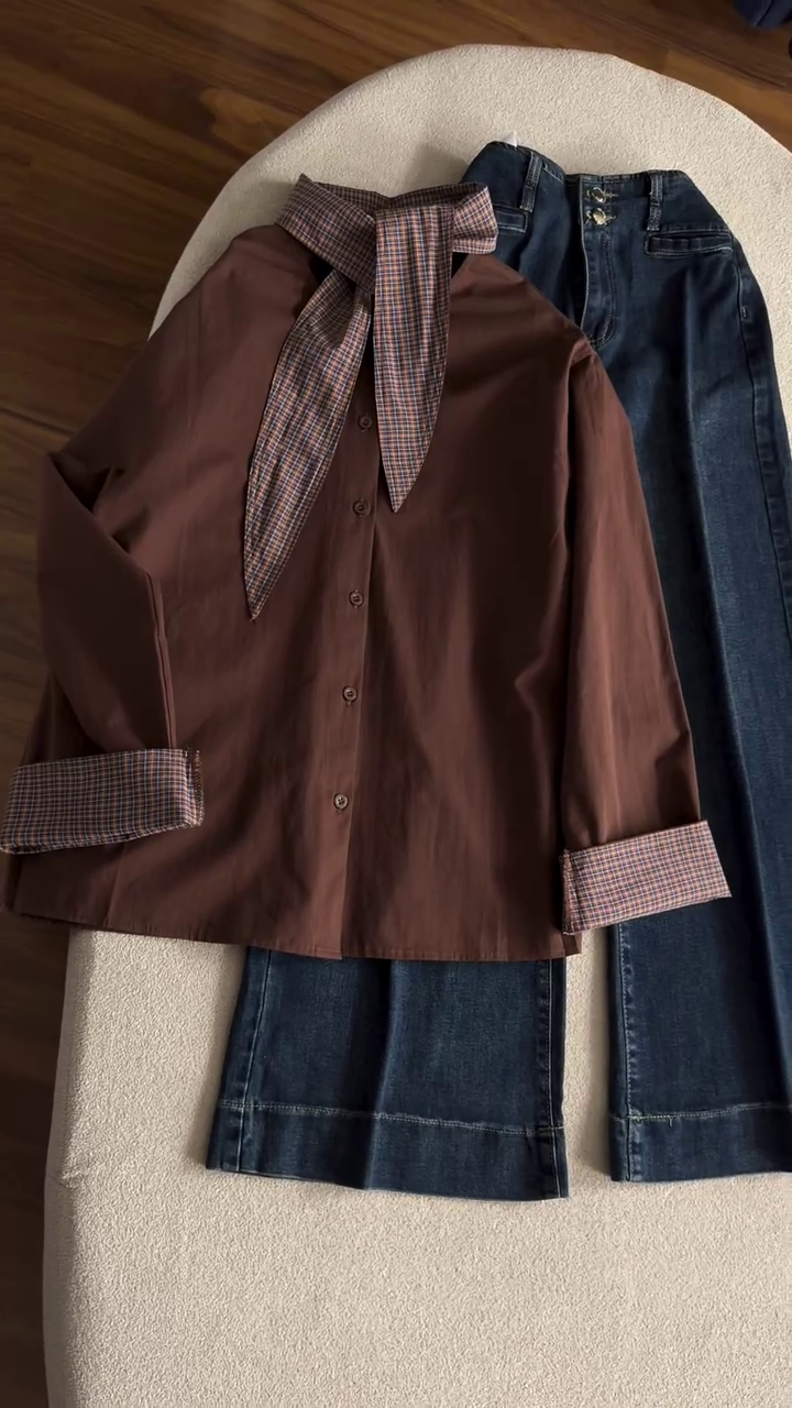 🤎 Elegant Bow-Tie Collar Shirt – Chic Vintage Style Blouse