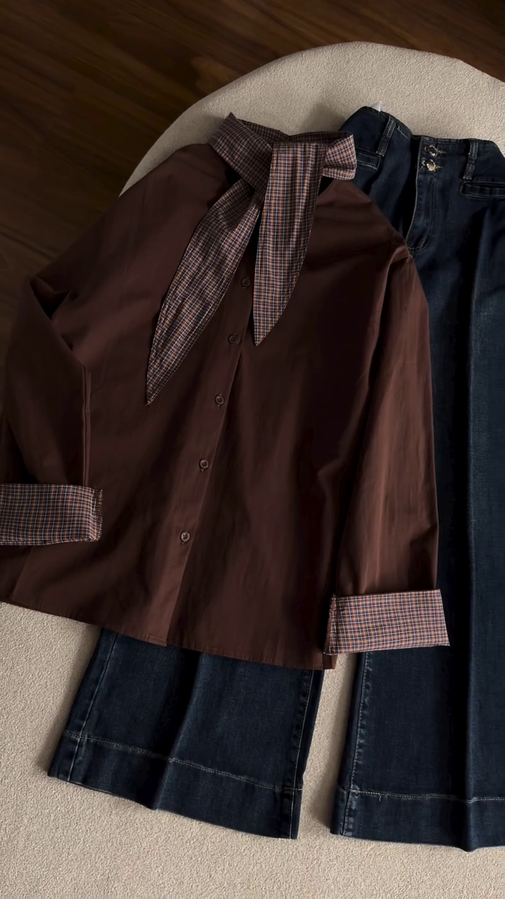 🤎 Elegant Bow-Tie Collar Shirt – Chic Vintage Style Blouse