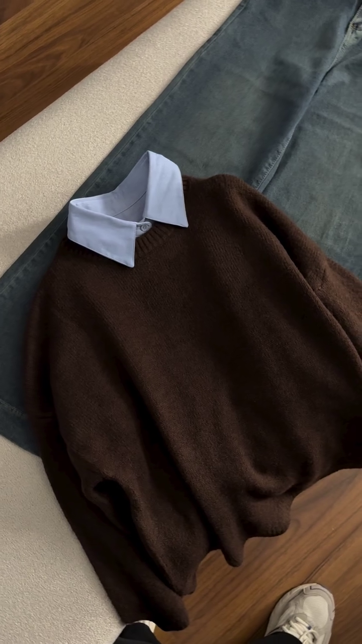 🤎✨ Layered Collar Knit Sweater – Elegant Casual Autumn Style