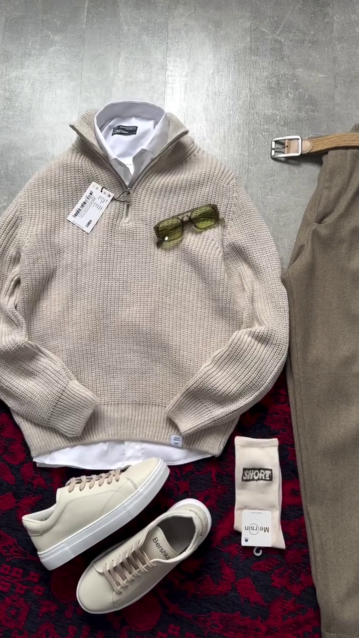 🧥✨ Classic Half-Zip Knit Sweater & Tailored Pants Set – Smart Casual Style