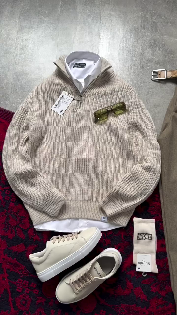 🧥✨ Classic Half-Zip Knit Sweater & Tailored Pants Set – Smart Casual Style