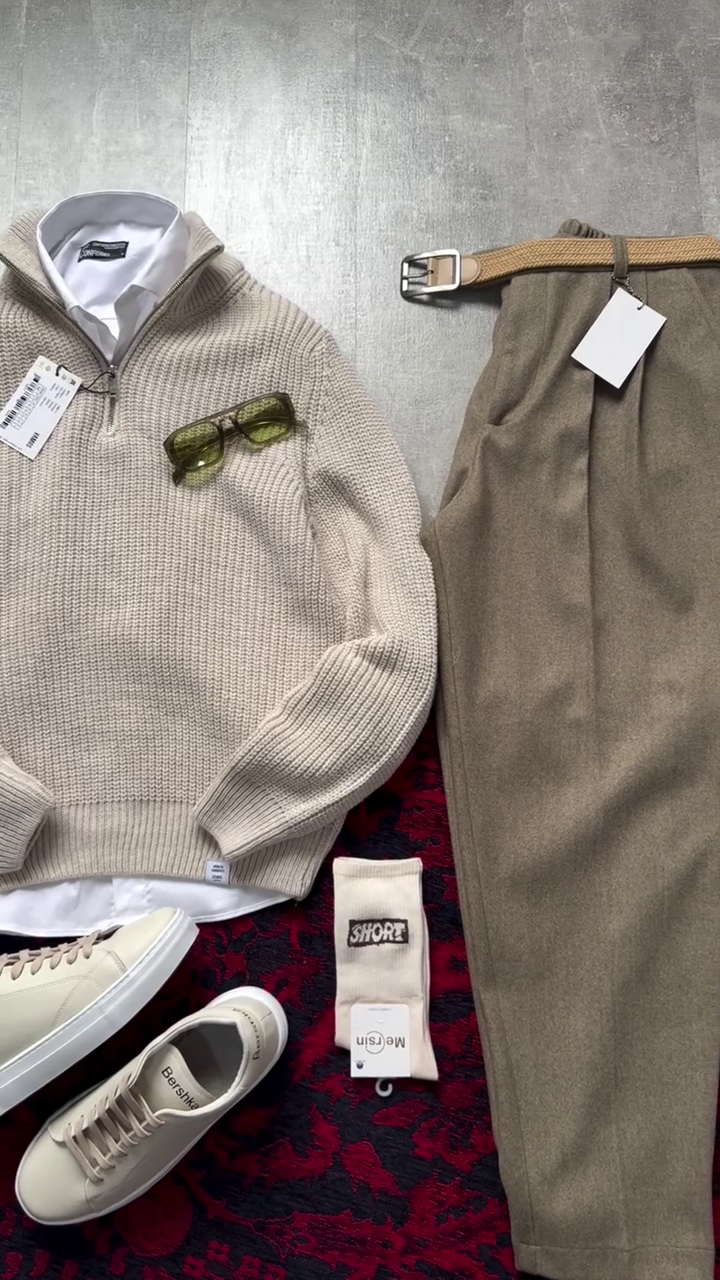 🧥✨ Classic Half-Zip Knit Sweater & Tailored Pants Set – Smart Casual Style