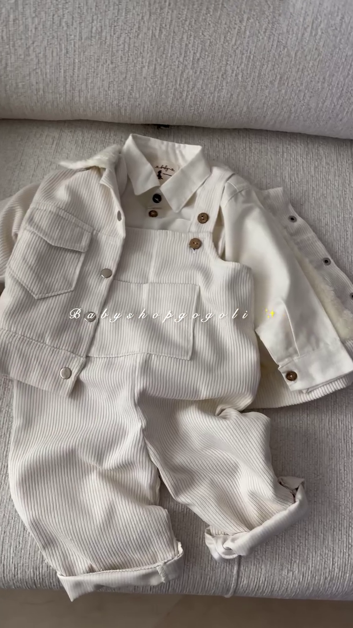 🤍✨ Classic Ribbed Kids Outfit Set – Stylish Shirt, Dungaree & Jacket Combo