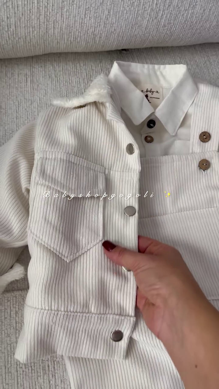 🤍✨ Classic Ribbed Kids Outfit Set – Stylish Shirt, Dungaree & Jacket Combo