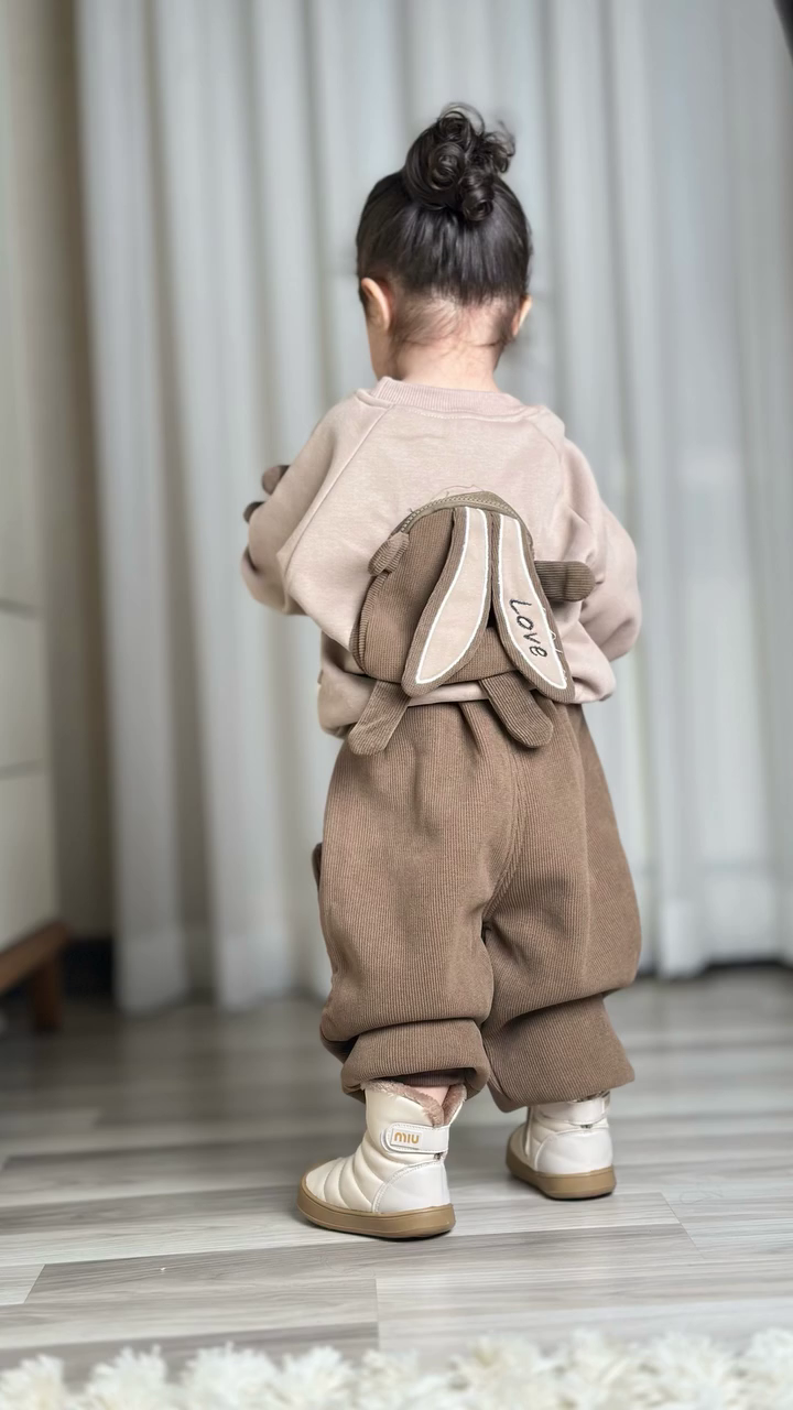 🐰🤎 Cute Bunny Ear Kids Outfit – Cozy Ribbed Top & Pants Set