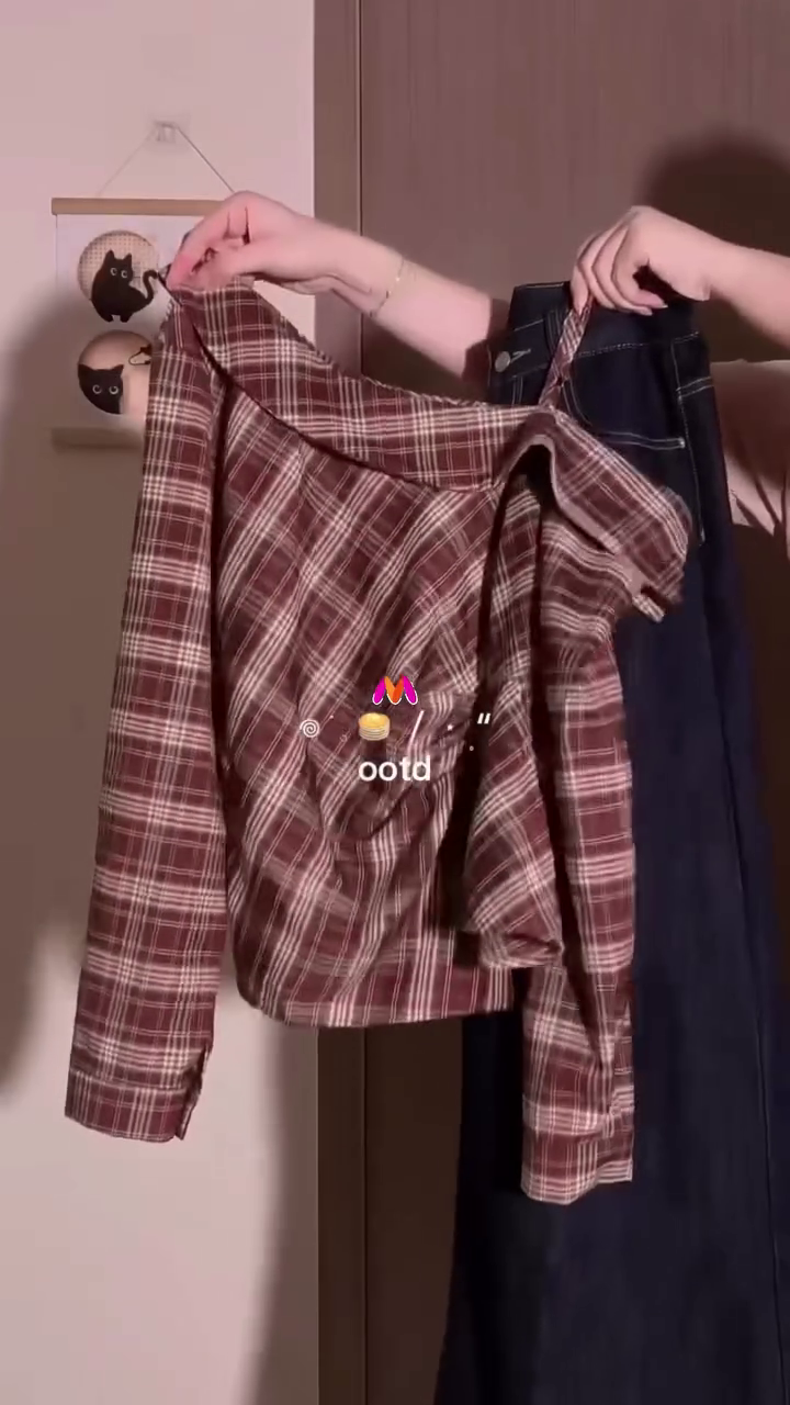 🤎👖 Vintage Plaid Shirt & Denim Maxi Skirt Set – Chic Everyday OOTD