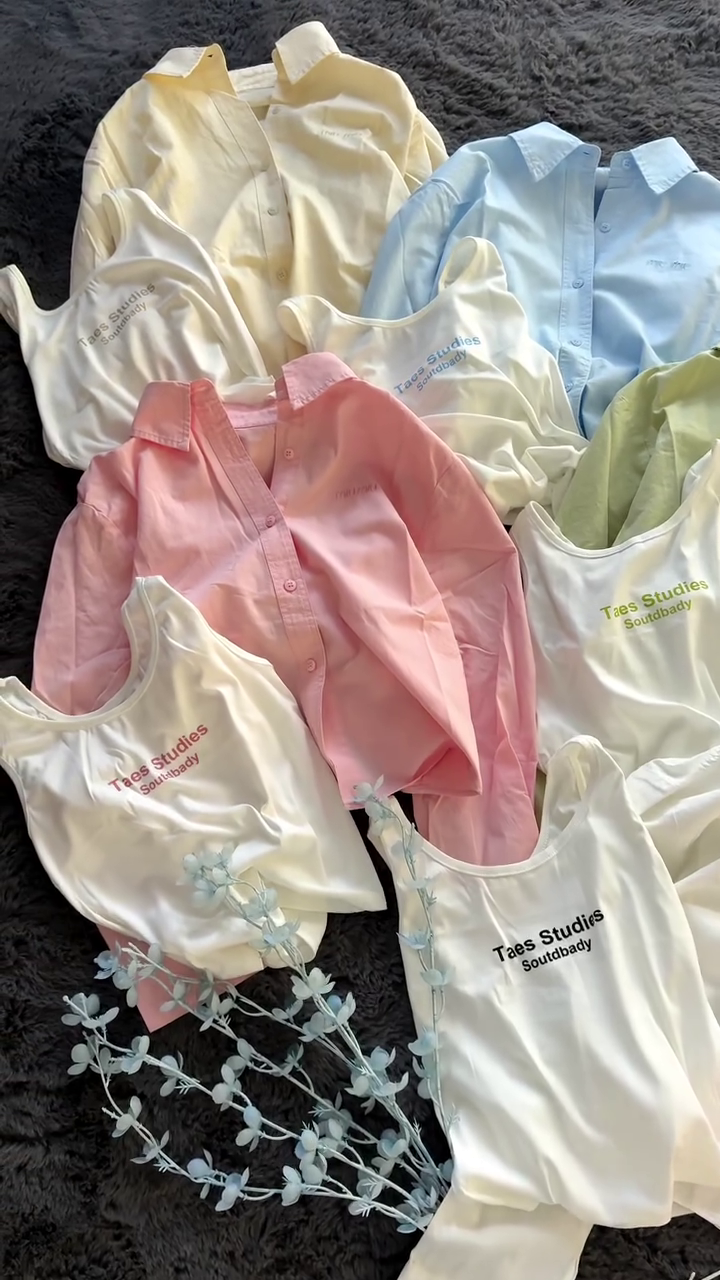 🌸✨ Pastel Layered Casual Set – Oversized Shirt & Graphic Tank Top