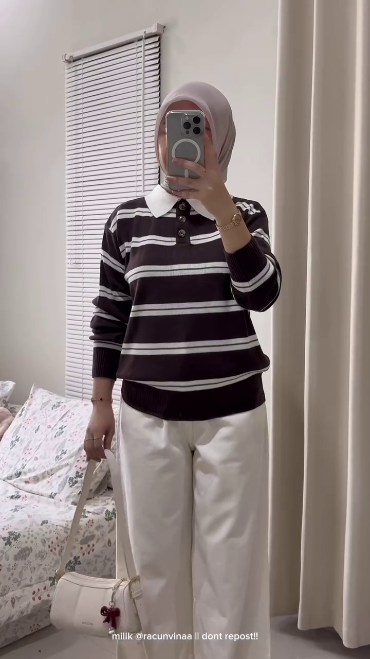 🤎✨ Classic Striped Polo Knit Top – Minimal Chic Everyday Outfit