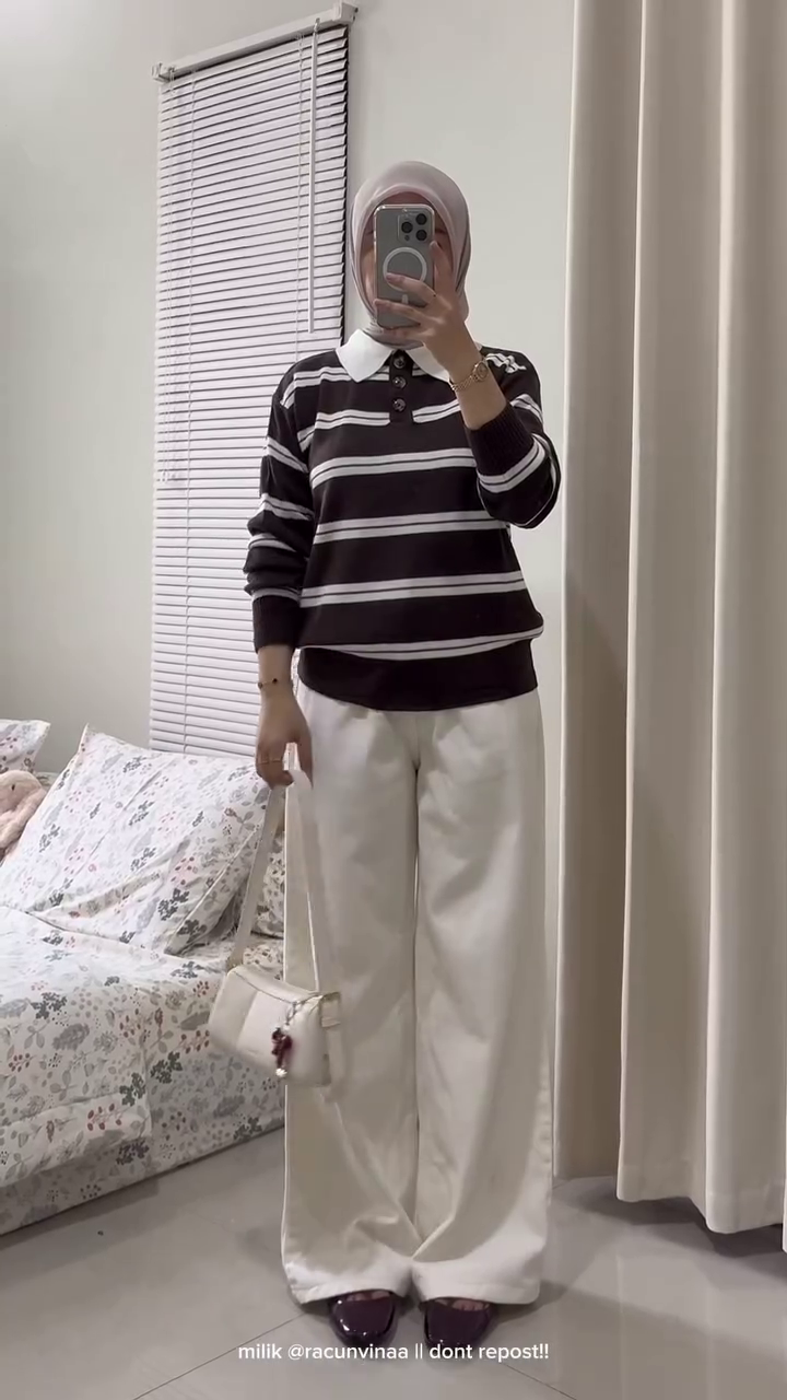 🤎✨ Classic Striped Polo Knit Top – Minimal Chic Everyday Outfit