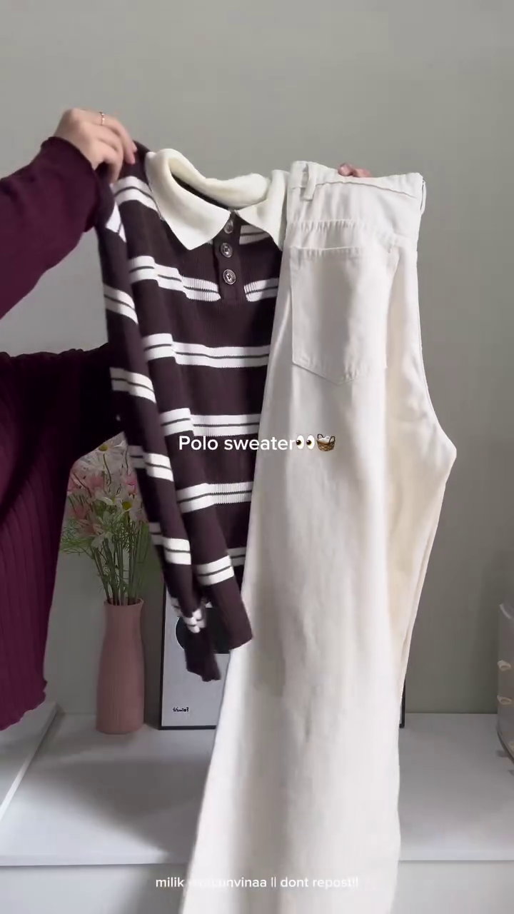 🤎✨ Classic Striped Polo Knit Top – Minimal Chic Everyday Outfit