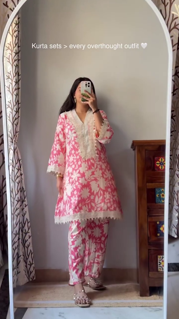 🌸 Elegant Floral Summer Kurta Set – Lightweight Printed Kurta & Pant Set | Soft Lace Detailing | Available in Multiple Colors & Designs | Sizes XXS–XXL 🌸