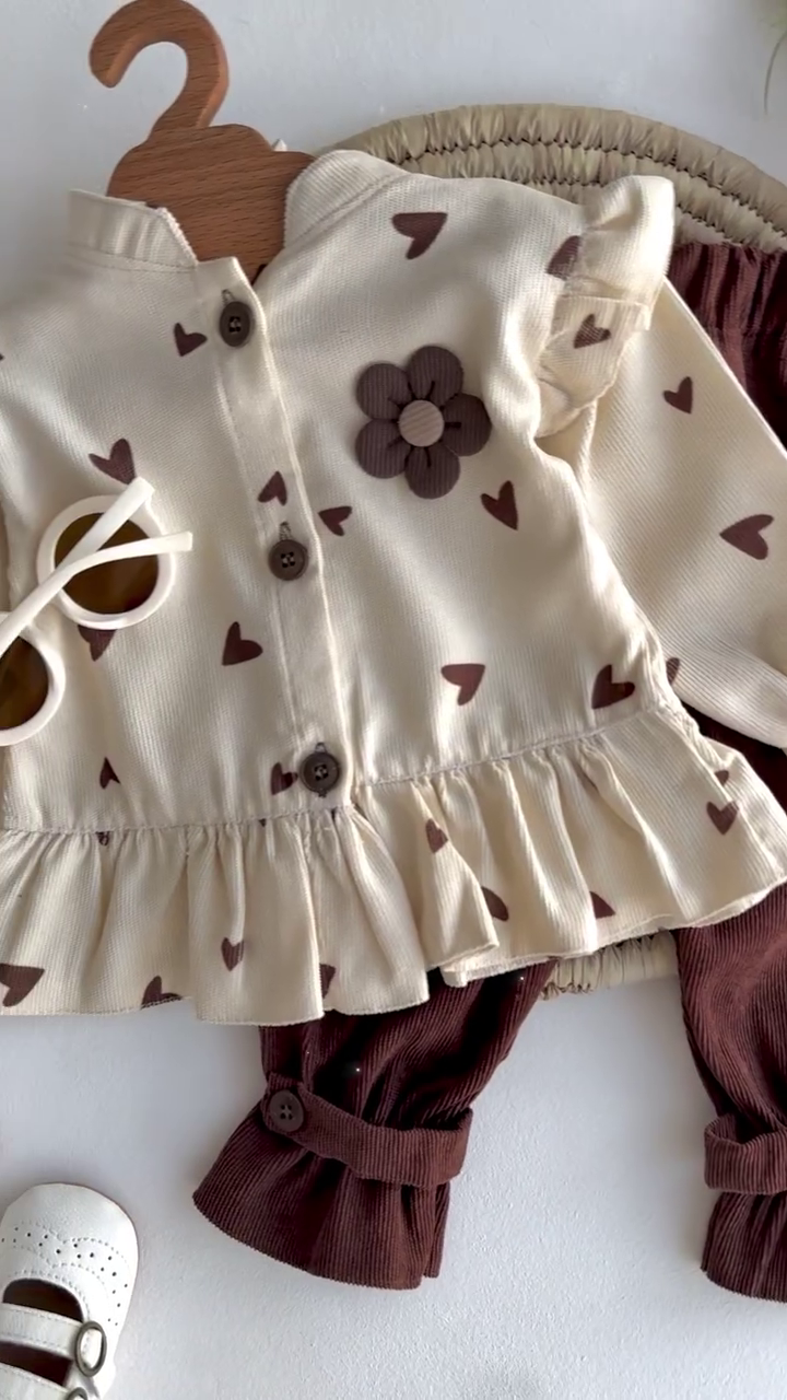 Adorable Heart Print Kids Co-Ord Set – Cute Ruffle Top & Comfort Pants | Stylish Baby Outfit | Available in Multiple Colors & Designs | Sizes XXS–XXL 💖