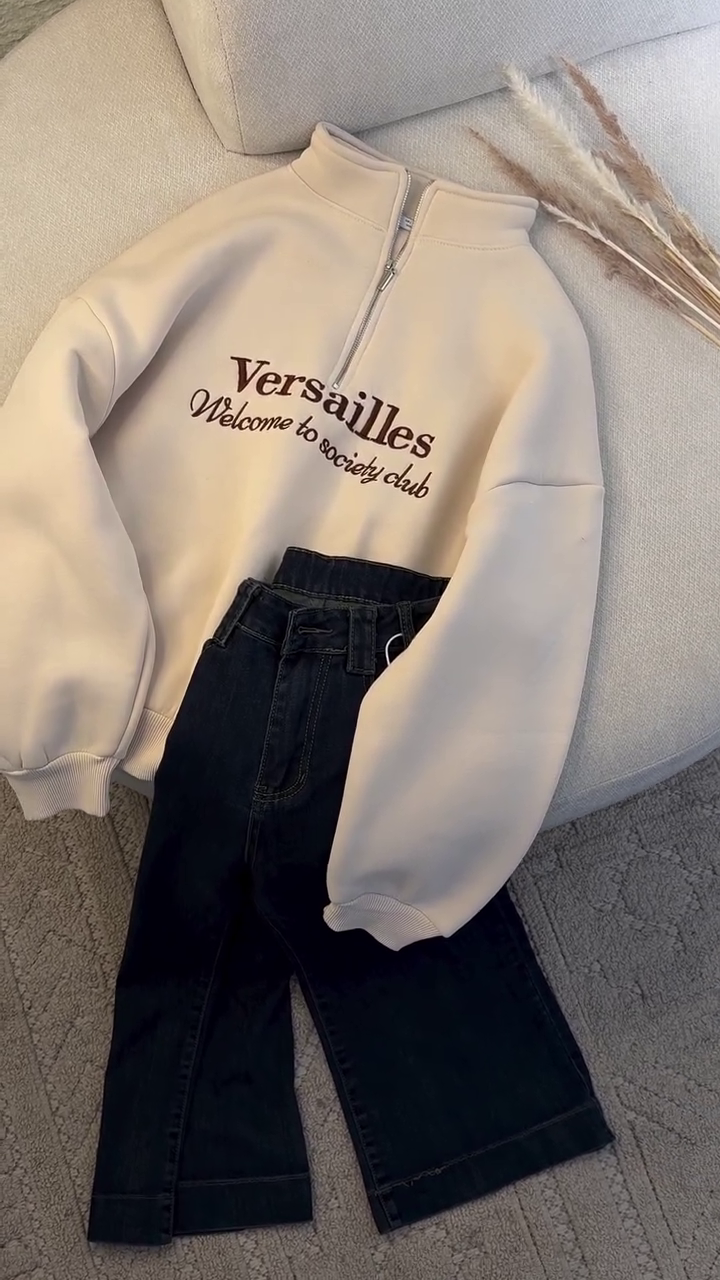 ✨ Versailles Chic Half-Zip Sweatshirt & Denim Set – Trendy Casual Street Style Outfit | Premium Comfort Wear | Available in Multiple Colors & Designs | Sizes XXS–XXL ✨