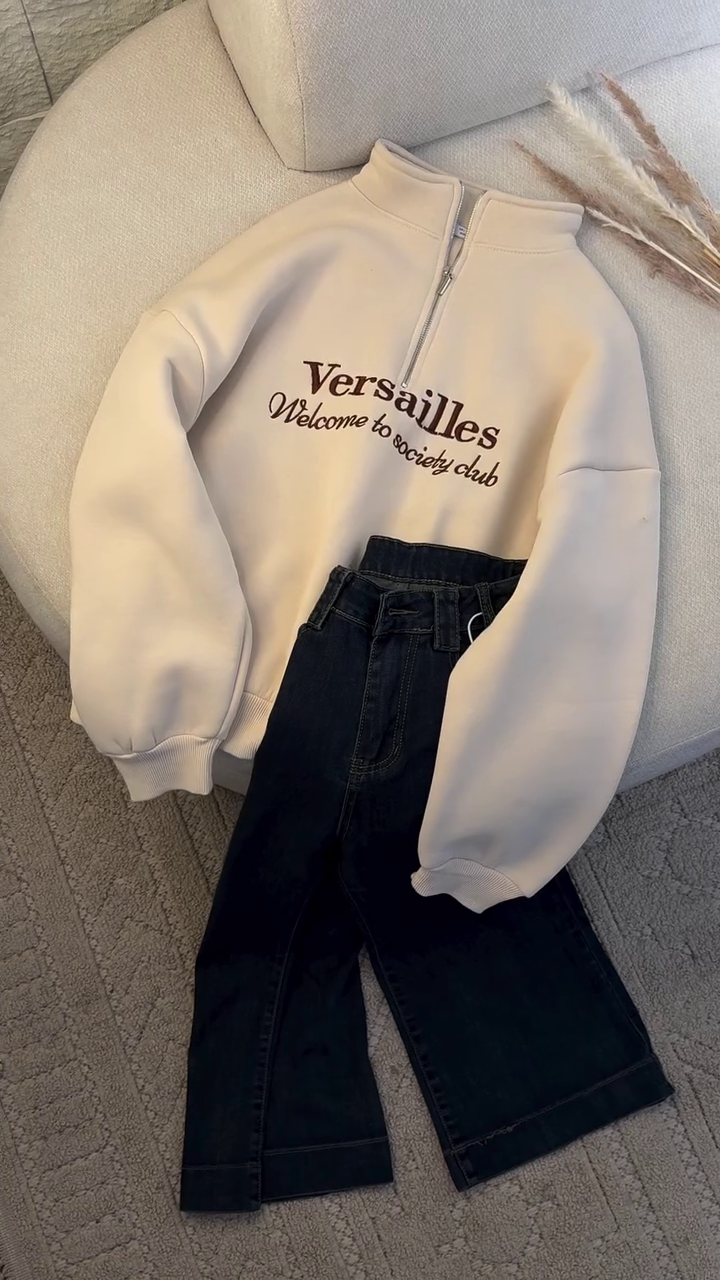 ✨ Versailles Half-Zip Sweatshirt & Denim Set – Trendy Casual Street Style Outfit | Premium Comfort Wear | Available in Multiple Colors & Designs | Sizes XXS–XXL 👖