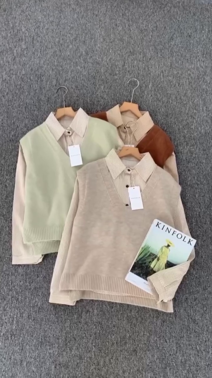 ✨ Classic Preppy Knit Vest & Shirt Set – Elegant Layered Casual Outfit | Soft Comfort Wear | Available in Multiple Colors & Designs | Sizes XXS–XXL 👔