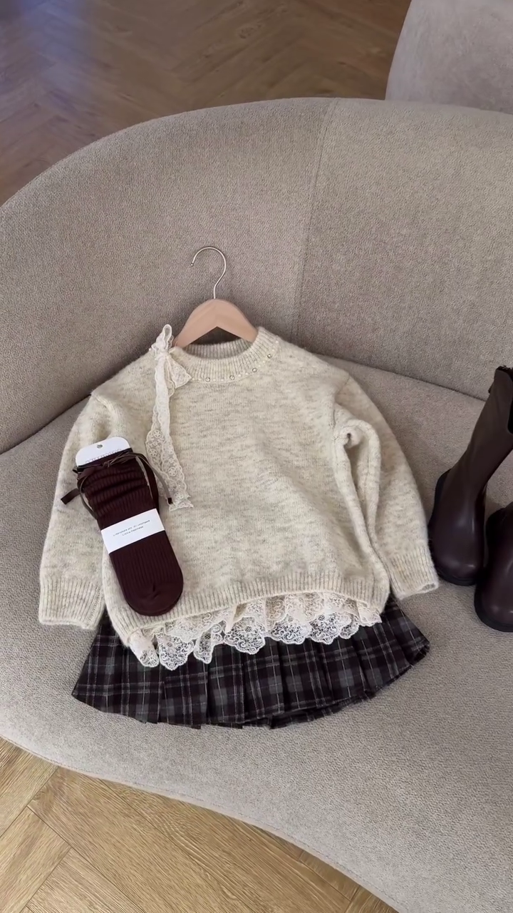 🤎 Cozy Knit Lace Sweater & Plaid Skirt Outfit – Elegant Autumn Style Set | Chic Casual Fashion | Multiple Colors & Designs | Sizes XXS–XXL ✨