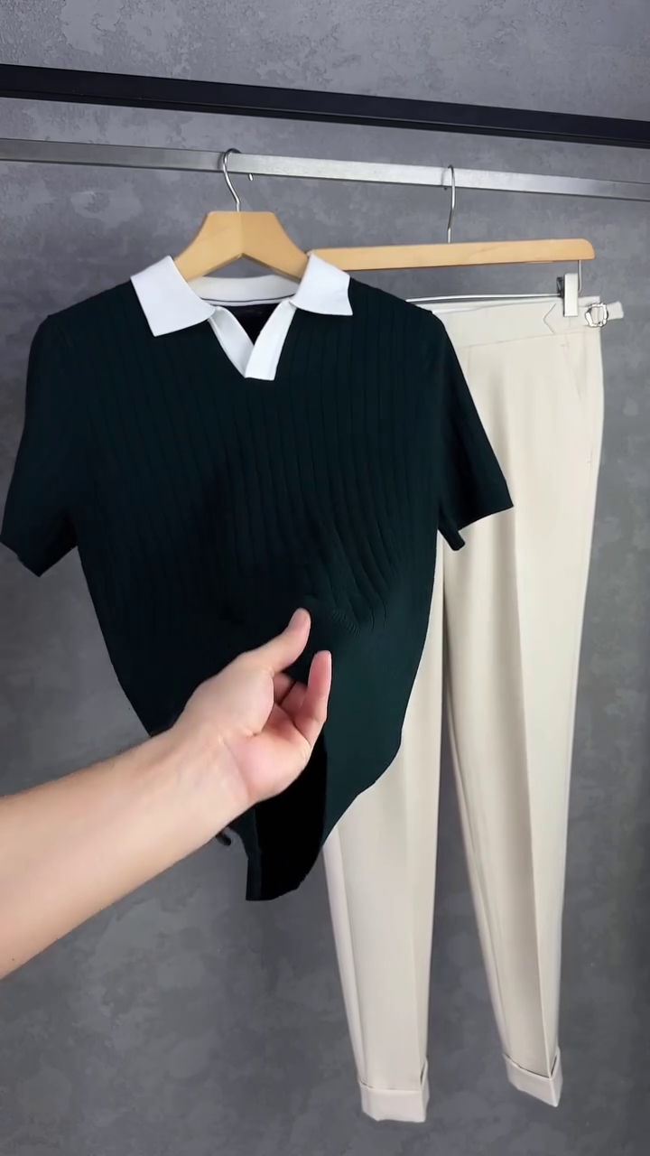 🖤 Classic Ribbed Polo Knit Top & Tailored Trousers Set – Elegant Smart Casual Outfit | Minimal Chic Style | Multiple Colors & Designs | Sizes XXS–XXL ✨