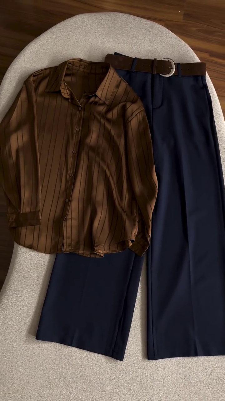 🤎 Elegant Striped Satin Shirt & Tailored Wide-Leg Trousers Set – Sophisticated Smart Casual Outfit | Office & Everyday Chic | Multiple Colors & Designs | Sizes XXS–XXL ✨